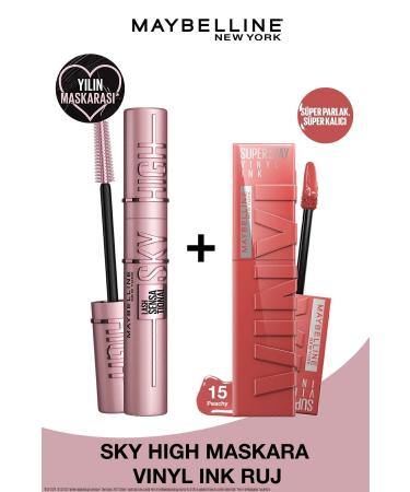 Maybelline New York Lash Sensational Sky High Mascara & Super Stay Vinyl Ink Long-Lasting Liquid Glossy Lipstick 15 Peachy - Buy Online on GoSupps.com