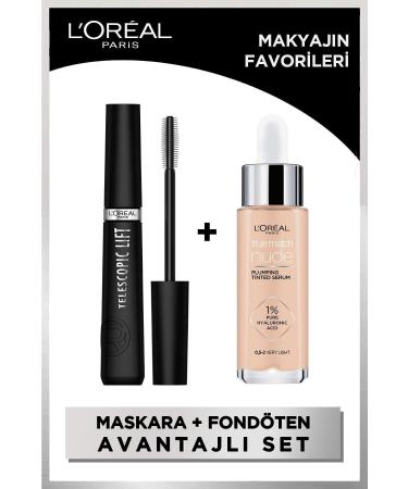L'Oreal Paris Telescopic Lift Mascara & True Match Nude Foundation Serum 0.5-2 Very Light - Makeup Favorites Set