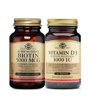 Solgar Biotin 5000 Mcg 50 Capsules + Vitamin D3 1000 Iu 100 Tablets