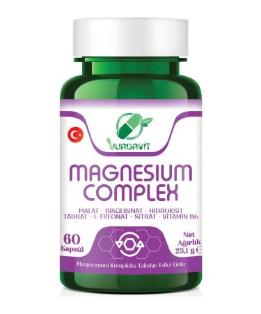 Yurdavit Magnesium Complex 60 Capsules Malate Bisglycinate Hydroxide Taurate L-Threonate Citrate B6