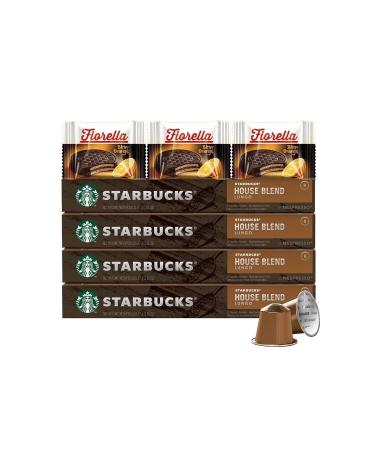 Nespresso Compatible Starbucks 4 Pieces 10 House Blend Lungo Capsule Coffee Set + Fiorella Chocolate 3x20gr