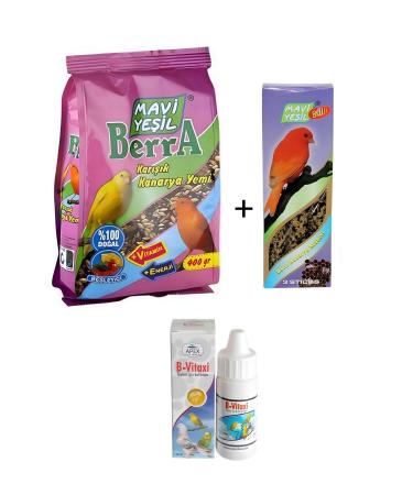 Blue Green Canary Food + 3-Piece Honey Crackers + Anti-Moulting Vitamin Drop Set