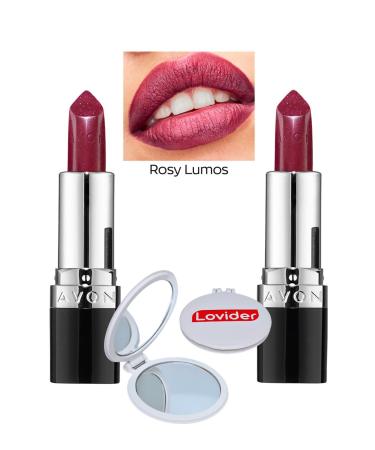 Avon Ultra Shimmer Shimmer Lipstick Rosy Lumos 2 Pack + Lovider Pocket Mirror Gift