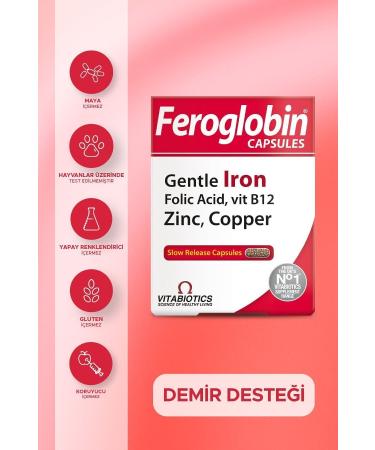 Vitabiotics Feroglobin Iron (Gentle Iron) Vitamin B12 Folic Acid Zinc Copper Containing Supplementary Food 30 Capsules
