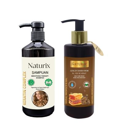 Naturix Salt-Free Keratin Shampoo Brazilian Blow Dry After Shampoo 600 Ml + Honey&Propolis Hand Face Body Lotion 250ml