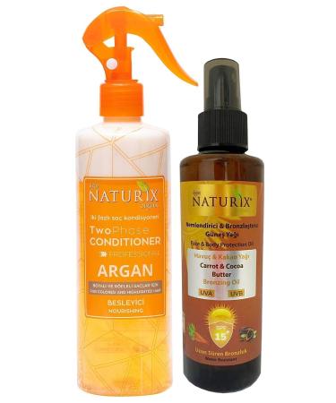 Naturix Cocoa & Carrot Oil Spf 15 Intensive Bronzing Oil 200 Ml + Argan Blow Dry Water Liquid Hair Conditioner 400 Ml