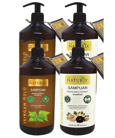 Naturix Anti-Dandruff Sulfate-Free Nettle Extract Shampoo 2 X 600ml + Unscented Black Garlic Shampoo 2 X 600ml