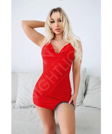 Skygo Night Light Women's Red Mini Fantasy Nightgown with Beaded Leg Detail 3641-1