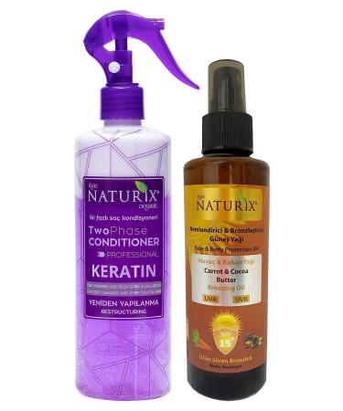 Naturix Cocoa & Carrot Oil Spf 15 Intensive Bronzing Oil 200 Ml + Keratin Care Liquid Hair Conditioner 400 Ml