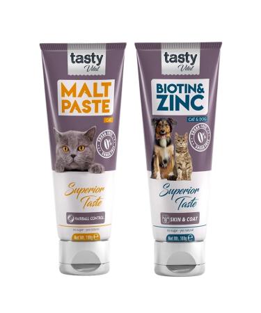 TASTY VITAL Malt Paste for Cats Hairball Prevention 100 Gr and Biotin Zinc Leather Hair Support 100 Gr