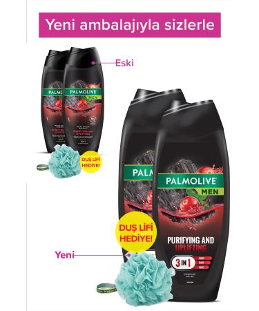 Palmolive Men Purifying & Uplifting Natural Charcoal 3in1 Shower Gel 500ml x2 Pieces + Shower Loofah Gift - Buy Online on GoSupps.com