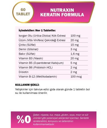 Nutraxin Keratin Formula 60 Tbl - Hair Care Vitamin Collagen Keratin Biotin Zinc L-arginine L-cysteine - Buy Online on GoSupps.com