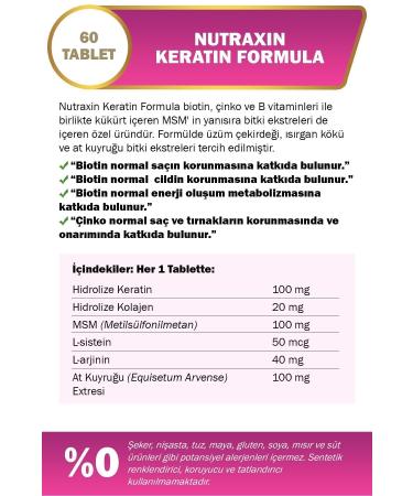 Nutraxin Keratin Formula 60 Tbl - Hair Care Vitamin Collagen Keratin Biotin Zinc L-arginine L-cysteine - Buy Online on GoSupps.com