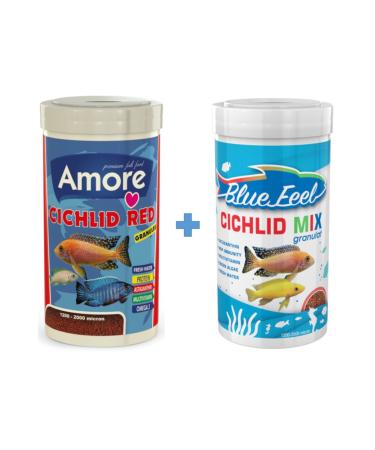 AMORE Cichlid Red Granules 1000ml + Blue Feel Cichlid Mix Granulat 1000ml Box