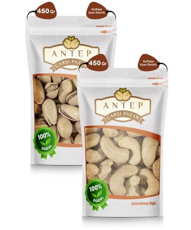 Antep Bazaar Roasted Jumbo Cashew 450 Gr. | Main Cracked Siirt Pistachios 450 Gr.