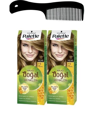 Palette Permanent Natural Colors Hair Dye 7-5 Light Caramel X 2 Pieces + Hair Opening Comb