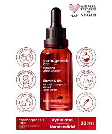 Cosmogenesis Labs Brightening Vitamin C Skin Serum 30ml Vegan Smoothing Fine Line Reducer (5% VITAMIN C)