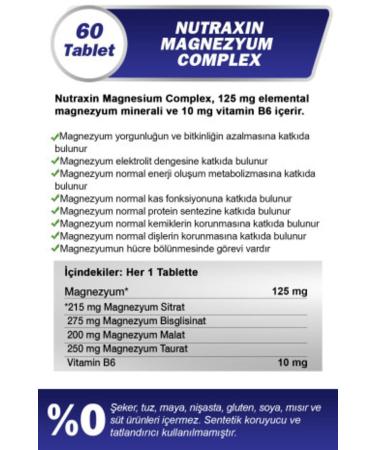 Nutraxin Magnesium Complex 60 Tablets 125 Mg - Bisiglinate - Taurate - Malate - Citrate - B6 - Buy Online on GoSupps.com