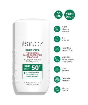 Sinoz Pure Cica Instant Tone Equalizing and Repairing Face Care Cream - New Generation Mineral Sun Filter Spf50