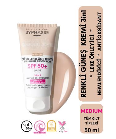 BYPHASSE Anti-Aging Tinted Liquid Sunscreen Medium Color - New Generation Sun Filter Hybrid Formula 50ml