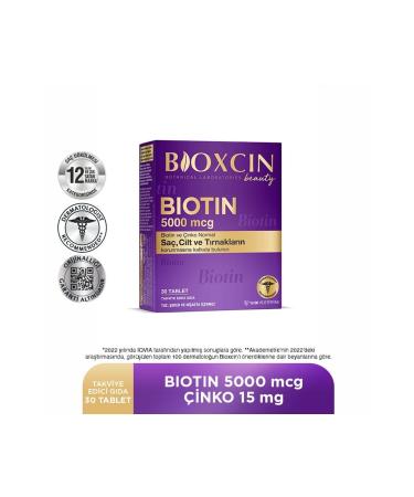 Bioxcin Biotin 5.000 Mcg 30 Tablets - Biotin Zinc 15 Mg Hair and Nail Vitamin