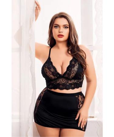 Skygo Night Light Women's Black Plus Size Lace Fantasy Nightgown 3489