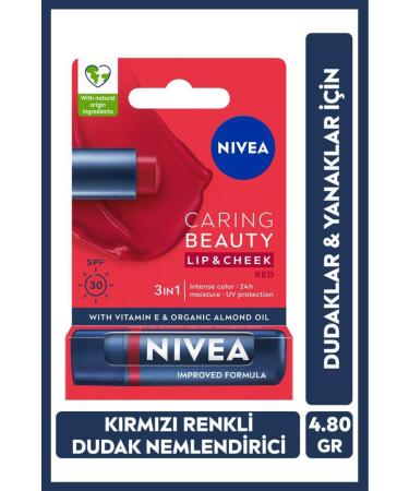 NIVEA Tinted Lip Care Cream Red 4.8 gr Moisturizing SPF30 Natural Oils Vitamin E For Lips Cheeks
