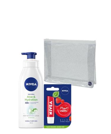 NIVEA Strawberry Lip Care Cream 4.8 gr + Aloe Vera Pump Lotion 400 ml Bag Gift Set