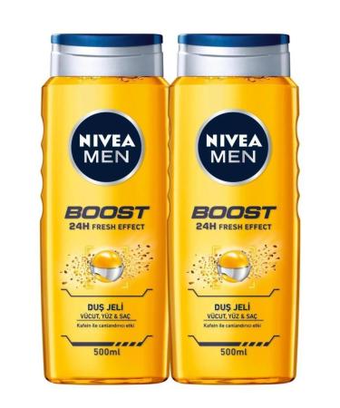 NIVEA MEN Men's Shower Gel Boost 500ml Body Face Hair Revitalizing Care with Mint Extracts Caffeine X2 Pieces