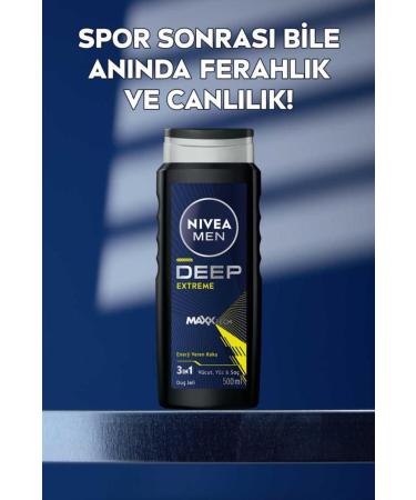 NIVEA Men Men's Deep Extreme Shower Gel 500ml 3 in 1 Complete Care Body Hair and Face Energizing Fragrance - Buy Online on GoSupps.com