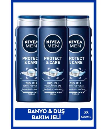 NIVEA Men Men's Bath and Shower Gel Protect&care 500ml For Body Hair Face Aloe Vera Moisturizing X3 Pieces