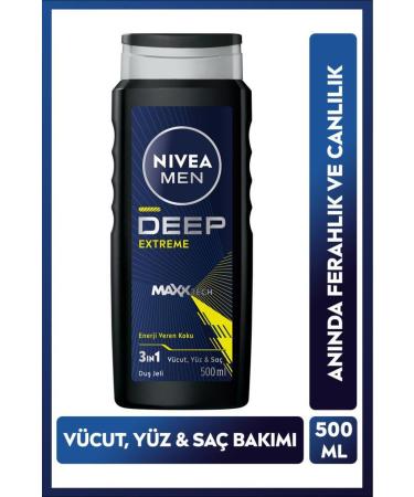 NIVEA Men Men's Deep Extreme Shower Gel 500ml 3 in 1 Complete Care Body Hair and Face Energizing Fragrance