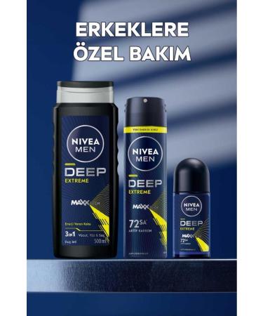 NIVEA Men Men's Deep Extreme Shower Gel 500ml 3 in 1 Complete Care Body Hair and Face Energizing Fragrance - Buy Online on GoSupps.com