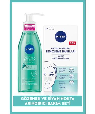 NIVEA Blackhead Remover Nose T-Strip and Derma Skin Clear Anti-Acne Face Cleansing Gel 150ml