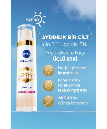 NIVEA Luminous630 Anti-Dark Spot CC Face Cream 40ml SPF30 Sunscreen Hyaluronic Acid Medium Tone - Buy Online on GoSupps.com
