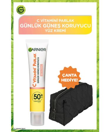 Garnier Vitamin C Bright Daily UV Sun Face Cream Spf50 Luminous Texture 40ml + Quilted Makeup Bag