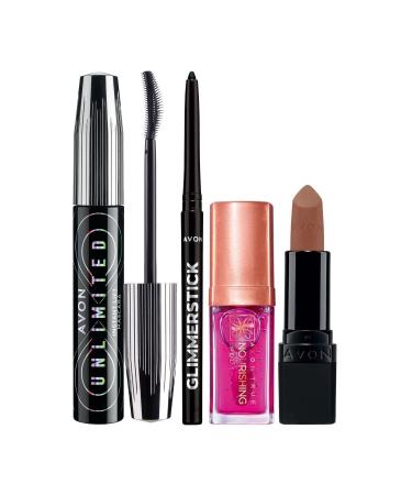 Avon Unlimited Mascara Marvellous Mocha Lipstick Blossom Lip Oil and Eyeliner Makeup Set