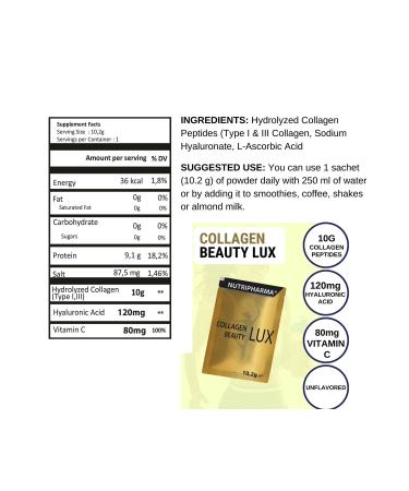 NUTRIPHARMA COLLAGEN BEAUTY LUX 10 000mg Bioactive Collagen Peptides 120mg Hyaluronic Acid 80mg VitaminC 30 sachets - Buy Online on GoSupps.com