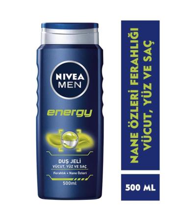 NIVEA MEN Men's Shower Gel Energy 500ml Complete Care Body Hair Face Mint Extracts Fresh Skin Feeling