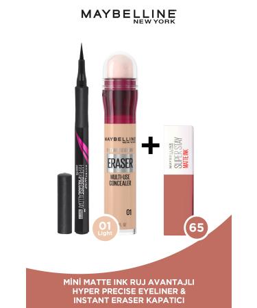Maybelline New York Instant Anti Age Eraser Concealer 01 Light + Hyper Precise Eyeliner 701 + Mini Liquid Matte Lipstick 65 Seductres