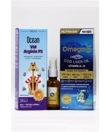 Ocean VM Arginine PS D3 Spray and Omega-3 Cod Liver Oil - Vitamin and Omega-3 Support Package for Children