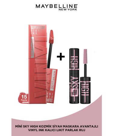 Maybelline New York Super Stay Vinyl Ink Long-Lasting Liquid Glossy Lipstick 15 Peachy & Mini Sky High Cosmic Black Mascara - Buy Online on GoSupps.com