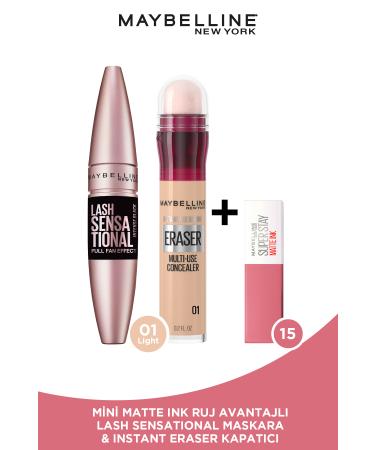 Maybelline New York Lash Sensational Extra Black Mascara & Instant Anti Age Eraser Concealer 01 & Mini Liquid Matte Lipstick -15