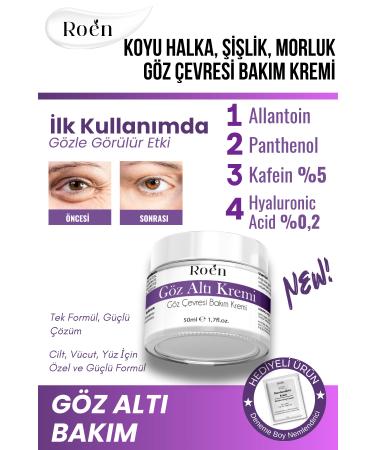 Roen Under Eye Dark Circle Cream Caffeine 5% Hyaluronic Acid 0.2% Dark Circle Puffiness and Care Cream 50ml