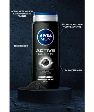 NIVEA Men Men's Shower Gel Active Clean 500 Ml 3 in 1 Complete Care Active Carbon Body Hair and Face - Buy Online on GoSupps.com