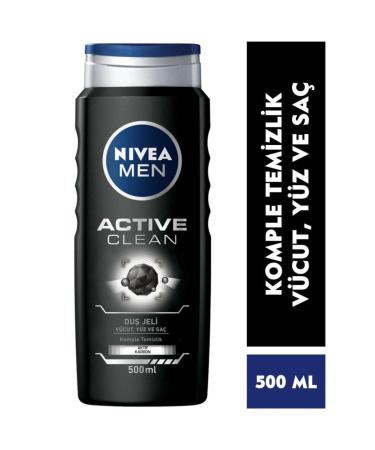 NIVEA Men Men's Shower Gel Active Clean 500 Ml 3 in 1 Complete Care Active Carbon Body Hair and Face