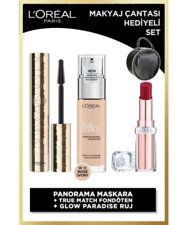 L'Oreal Paris Panorama Black Mascara & True Match Foundation 1R Rose Ivory & Glow Paradise Balm Lipstick 353 Bag Gift