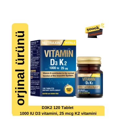 Nutraxin D3K2 120 Tablets - 1000 IU vitamin D3 25 mcg vitamin K2