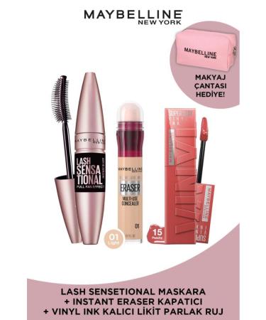 Maybelline New York Lash Sensational Extra Black Mascara & Instant Age Eraser Concealer 01 & Vinyl Ink 15 Lipstick Bag Gift