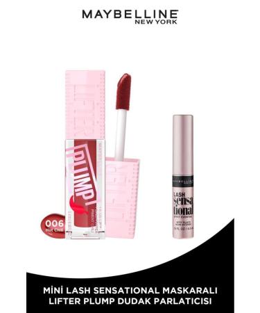 Maybelline New York Lifter Plump Lip Gloss 006 Hot Chili Red & Mini Lash Mascara Makeup Set